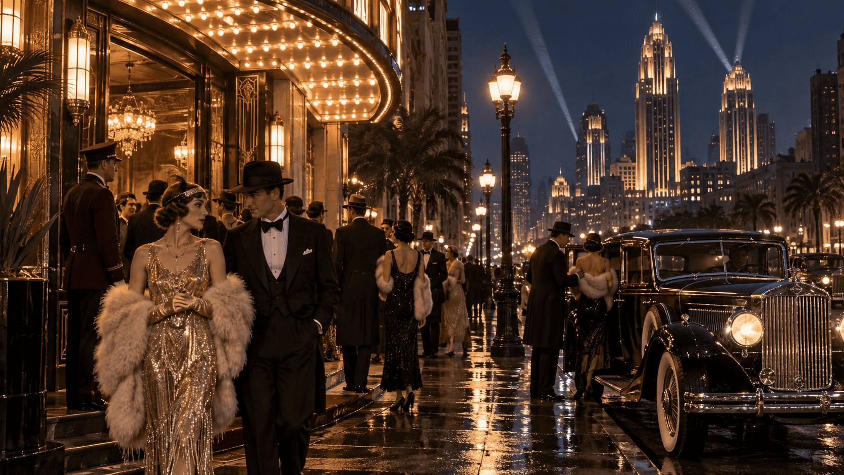 1920s Jazz Age and Art Deco nightlife 1920s Jazz Age city nightlife with an Art Deco skyline, vintage car and dancing silhouettes