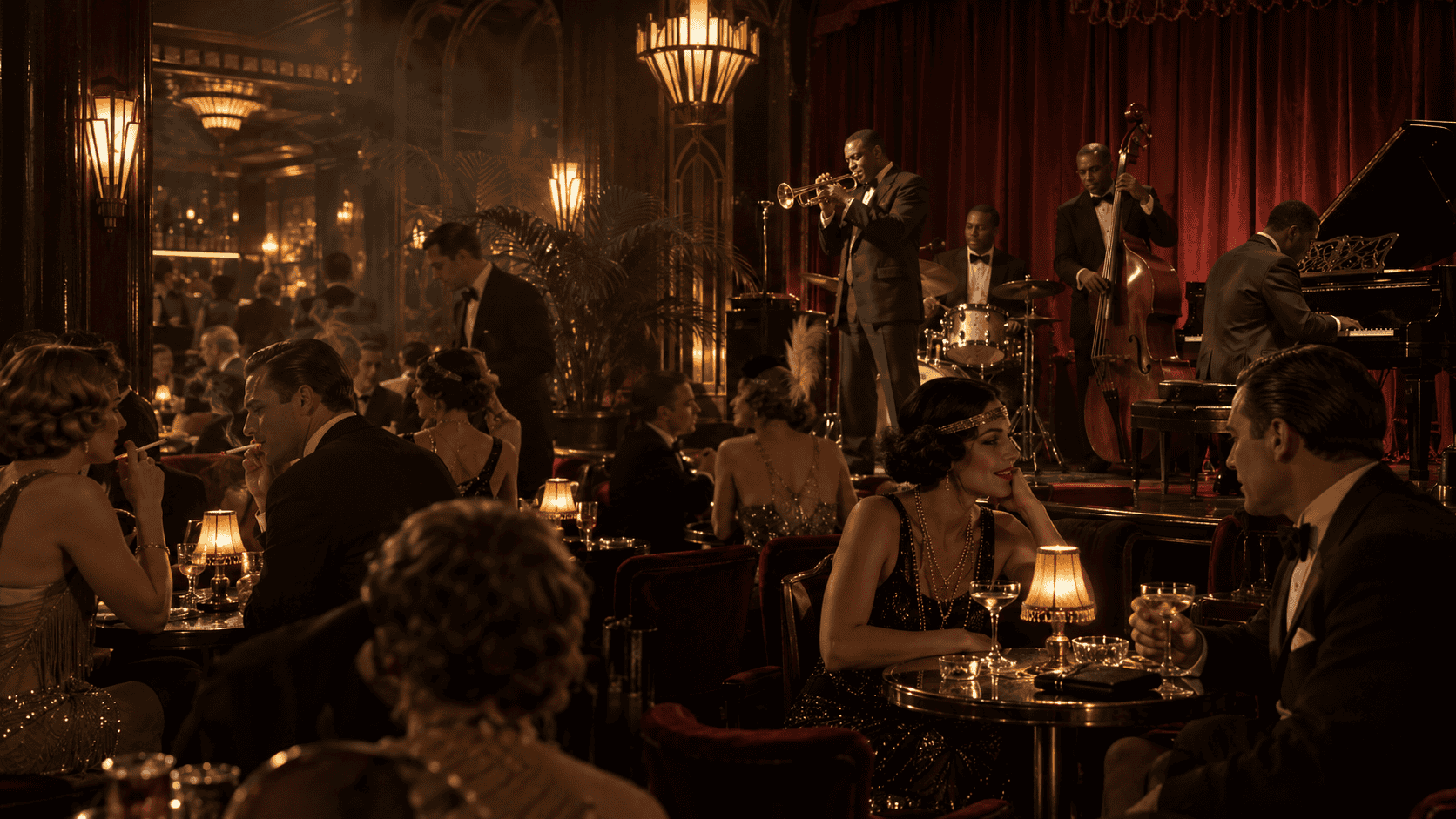 1920s speakeasy and Jazz Age club nightlife 1920s speakeasy and jazz club interior with Art Deco lighting, live musicians and Prohibition-era nightlife